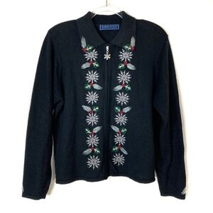 Karen Scott | Vintage Hand Embroidered Black Holly Berry Christmas Sweater L